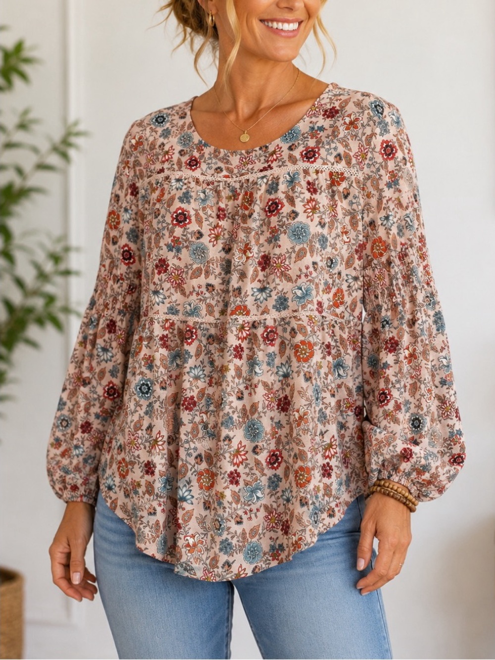 Knox Rose soft blush-pink top with a colorful allover floral print, size XL